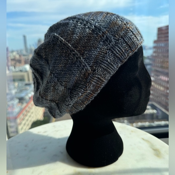 Hand Crafted Accessories - Handcrafted Knit Wool Spiral Slouchy Hat - Blue and Brown Marled